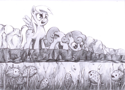 Size: 900x645 | Tagged: safe, artist:cannibalus, carrot top, derpy hooves, golden harvest, pegasus, piranha, pony, animal, female, grayscale, mare, monochrome, river, traditional art, water