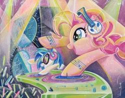 Size: 1600x1252 | Tagged: safe, artist:sararichard, dj pon-3, pinkie pie, vinyl scratch, earth pony, pony, unicorn, color porn, disc jockey, duo, rave, traditional art, turntable