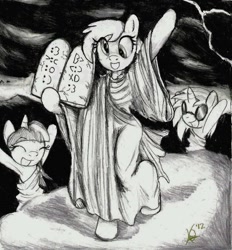 Size: 703x758 | Tagged: safe, artist:mrzash, derpy hooves, dj pon-3, twilight sparkle, vinyl scratch, pegasus, pony, christianity, female, judaism, mare, monochrome, moses, religion, ten commandments