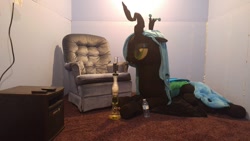 Size: 1200x675 | Tagged: safe, queen chrysalis, changeling, changeling queen, bong, irl, life size, photo, plushie, sofa, solo