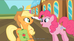 Size: 937x524 | Tagged: safe, screencap, applejack, pinkie pie, earth pony, pony, implied human, youtube caption