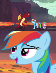 Size: 1232x1618 | Tagged: safe, derpibooru import, screencap, garble, rainbow dash, spike, dragon, pegasus, pony, shadow play, female, garbledash, male, mirin, straight, zoom