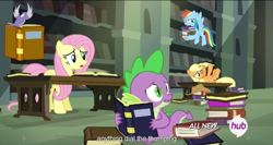 Size: 1535x814 | Tagged: safe, derpibooru import, screencap, applejack, fluttershy, rainbow dash, spike, dragon, earth pony, pegasus, pony, twilight's kingdom, hub logo, meme, youtube caption