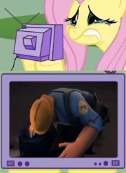 Size: 438x600 | Tagged: safe, fluttershy, pegasus, pony, crying, engineer, exploitable meme, fluttercry, sentry, story of a sentry, team fortress 2, tv meme