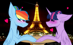 Size: 879x541 | Tagged: safe, artist:themilkyrainbow, derpibooru import, rainbow dash, twilight sparkle, twilight sparkle (alicorn), alicorn, eiffel tower, female, france, heart, irl, lesbian, paris, photo, ponies in real life, shipping, twidash