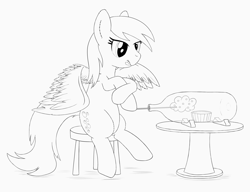 Size: 3000x2300 | Tagged: safe, artist:stinkehund, derpy hooves, pegasus, pony, bottle, fluffy, monochrome, muffin, solo, table