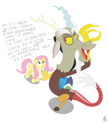 Size: 2000x2304 | Tagged: safe, artist:carnifex, artist:falord, discord, fluttershy, draconequus, pegasus, pony, female, male, mare