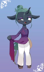 Size: 1964x3216 | Tagged: safe, artist:yajima, queen chrysalis, changeling, changeling queen, semi-anthro, cheongsam, clothes, cute, cutealis, eyeshadow, makeup, snaggletooth, solo