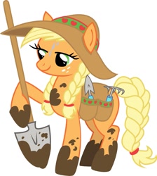 Size: 1047x1168 | Tagged: safe, artist:lauren faust, artist:lovingtolerance, applejack, earth pony, pony, braid, colored, mud, shovel, simple background, solo, sweat