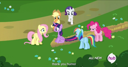 Size: 1535x813 | Tagged: safe, derpibooru import, screencap, applejack, fluttershy, pinkie pie, rainbow dash, rarity, twilight sparkle, twilight sparkle (alicorn), alicorn, earth pony, pegasus, pony, unicorn, twilight's kingdom, female, hub logo, mane six, mare, meme, youtube caption