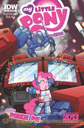 Size: 900x1366 | Tagged: safe, artist:tonyfleecs, idw, pinkie pie, earth pony, pony, robot, idw micro series, spoiler:comic, awesome, comic, comic cover, confused, cosplay, cover, crossover, duo, female, hasbro, mare, official, optimus prime, ponkimus prime, transformers, variant cover