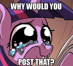 Size: 471x427 | Tagged: artist needed, safe, derpibooru import, twilight sparkle, crying, dilated pupils, frown, sad, solo, why would you post that