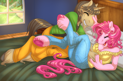 Size: 1500x981 | Tagged: safe, artist:kittehkatbar, pinkie pie, oc, anthro, unguligrade anthro, bed, bedroom, clothes, hooves, jeans, tickling, unshorn fetlocks