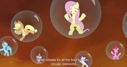 Size: 1536x812 | Tagged: safe, derpibooru import, screencap, applejack, fluttershy, pinkie pie, rainbow dash, rarity, spike, dragon, earth pony, pegasus, pony, unicorn, twilight's kingdom, bubble, meme, youtube caption