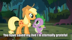 Size: 628x349 | Tagged: safe, applejack, spike, dragon, earth pony, pony, spike at your service, image macro, reference, toy story