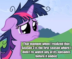 Size: 640x528 | Tagged: safe, derpibooru import, edit, edited screencap, screencap, twilight sparkle, unicorn twilight, unicorn, lesson zero, season 3, big eyes, cropped, messy mane, meta, pouty, sad, solo