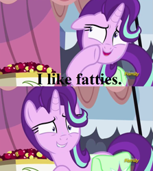 Size: 915x1024 | Tagged: safe, edit, edited screencap, screencap, starlight glimmer, pony, rock solid friendship, discovery family logo, exploitable meme, fat fetish, fetish, meme, solo, starlight's confessions