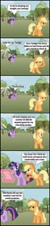 Size: 1047x4690 | Tagged: safe, artist:bronybyexception, applejack, derpy hooves, twilight sparkle, earth pony, pegasus, pony, applejack is not amused, comic, female, freeloader, mare, oblivious, poverty, unamused