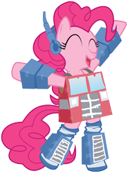 Size: 4430x6000 | Tagged: safe, artist:masem, artist:tonyfleecs, idw, pinkie pie, earth pony, pony, absurd resolution, bipedal, clothes, cosplay, costume, crossover, cute, diapinkes, eyes closed, idw showified, open mouth, optimus prime, ponkimus prime, simple background, smiling, socks, solo, transformers, transparent background, vector