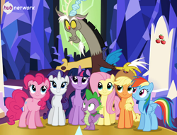 Size: 546x418 | Tagged: safe, derpibooru import, screencap, applejack, discord, fluttershy, pinkie pie, rainbow dash, rarity, spike, twilight sparkle, twilight sparkle (alicorn), alicorn, dragon, earth pony, pegasus, pony, unicorn, twilight's kingdom, female, hub logo, mane six, mare, official, the hub