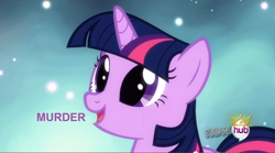 Size: 852x475 | Tagged: safe, derpibooru import, edit, edited screencap, screencap, twilight sparkle, unicorn twilight, unicorn, magical mystery cure, image macro, murder, one word, open mouth, smiling, solo