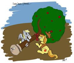 Size: 992x836 | Tagged: safe, artist:pterosaurpony, bloomberg, braeburn, derpy hooves, pegasus, pony, female, mail, mare, tree