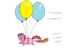 Size: 604x492 | Tagged: safe, artist:sapient fart, pinkie pie, earth pony, fluffy pony, pony, balloon, fart, fart noise, onomatopoeia, pinkiefluff, scared, sound effects, then watch her balloons lift her up to the sky