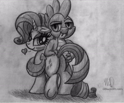 Size: 2928x2419 | Tagged: safe, artist:drawponies, rarity, spike, dragon, pony, unicorn, female, heart, interspecies, male, monochrome, older, shipping, sketch, sparity, straight, traditional art