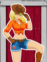 Size: 950x1250 | Tagged: safe, artist:zantyarz, applejack, applerack, barn, belly button, breasts, clothes, cowboy hat, female, front knot midriff, hat, humanized, midriff, pixel art, shorts, solo, wink