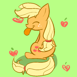 Size: 500x500 | Tagged: safe, artist:xpockybutt, applejack, earth pony, pony, eyes closed, sitting, smiling, solo, tongue out