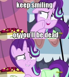 Size: 628x703 | Tagged: safe, edit, edited screencap, screencap, starlight glimmer, pony, unicorn, rock solid friendship, discovery family logo, doctor who, exploitable meme, image macro, meme, shrunken pupils, solo, spoilers for another series, starlight's confessions, sweat