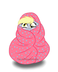 Size: 679x850 | Tagged: safe, artist:sayabloodstone, derpy hooves, pegasus, pony, blanket, blushing, cute, derpabetes, female, floppy ears, mare, simple background, solo, transparent background, wrapped up