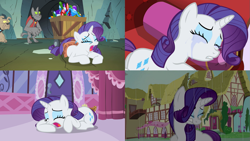 Size: 1229x691 | Tagged: safe, edit, edited screencap, screencap, rarity, rover, diamond dog, pony, unicorn, a dog and pony show, lesson zero, magical mystery cure, sisterhooves social, comic, crying, drama queen, marshmelodrama, screencap comic, whining