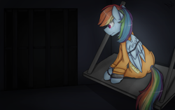 Size: 1024x642 | Tagged: safe, artist:starsketchmeh, derpibooru import, rainbow dash, pegasus, pony, bound wings, cell, chains, clothes, cuffs, jail, prison, prison outfit, prisoner rd, shackles