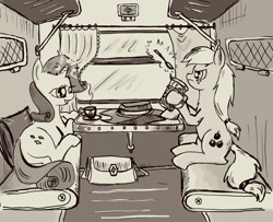 Size: 1000x812 | Tagged: safe, artist:agm, applejack, rarity, earth pony, pony, unicorn, cap, cup holder, female, glass, glasses, glassholder, hat, hooves, horn, mare, solo, spoon, tea, train, train cabin