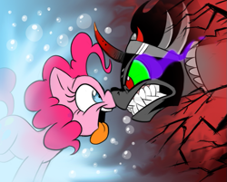 Size: 739x594 | Tagged: safe, artist:mickeymonster, king sombra, pinkie pie, earth pony, pony, unicorn, bubble, fangs, noseboop, tongue out