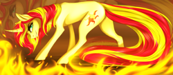 Size: 4000x1745 | Tagged: safe, artist:sevenada, sunset shimmer, pony, unicorn, fiery shimmer, fire, looking at you, solo, watermark