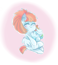 Size: 716x801 | Tagged: safe, artist:pinkablue, derpibooru import, rainbow dash, windy whistles, pegasus, pony, baby, baby dash, baby pony, blushing, carrying, cute, dashabetes, duo, ear fluff, eyes closed, female, filly, filly rainbow dash, gradient background, hnnng, mother and child, mother and daughter, parent and child, smiling, windybetes, younger