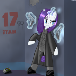 Size: 600x600 | Tagged: safe, artist:hudoyjnik, artist:synch-anon, rarity, pony, undead, unicorn, vampire, vampony, bipedal, clothes, crossover, dual wield, fangs, gun, magic, pistol, solo, underworld, weapon