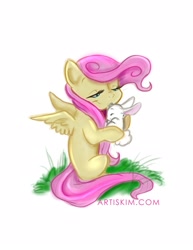 Size: 1275x1650 | Tagged: safe, artist:kimistrylooneyartis, angel bunny, fluttershy, pegasus, pony, filly, happy, simple background