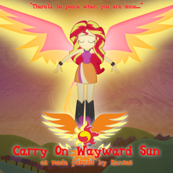 Size: 1080x1080 | Tagged: safe, artist:birdalliance, artist:gratlofatic, artist:joeycrick, artist:zekrom-9, sunset shimmer, equestria girls, rainbow rocks, album cover, carry on wayward son, kansas, music, pun, solo, sunset phoenix