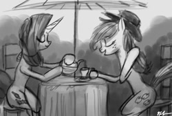 Size: 1280x861 | Tagged: safe, artist:tarantad0, applejack, rarity, earth pony, pony, unicorn, female, lesbian, monochrome, rarijack, shipping, table, tea party