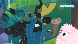 Size: 1261x723 | Tagged: safe, artist:mixermike622, edit, edited screencap, editor:secrettitan, screencap, queen chrysalis, oc, oc:fluffle puff, changeling, changeling queen, earth pony, ophiotaurus, pony, frenemies (episode), cartoonito logo, female, italian, licking, tongue out