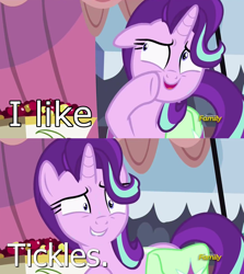 Size: 1256x1406 | Tagged: safe, edit, edited screencap, screencap, starlight glimmer, pony, unicorn, rock solid friendship, cute, discovery family logo, exploitable meme, meme, solo, starlight's confessions, tickling