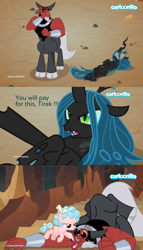 Size: 1260x2200 | Tagged: safe, edit, edited screencap, screencap, cozy glow, lord tirek, queen chrysalis, centaur, changeling, changeling queen, pegasus, pony, frenemies (episode), bow, cartoonito logo, cloven hooves, female, filly, foal, freckles, hair bow, italian, losers club, male, nose piercing, nose ring, piercing, trust fall