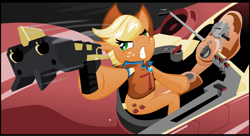 Size: 1499x815 | Tagged: safe, artist:foxdarcy, applejack, earth pony, pony, crossover, gun, redline, weapon