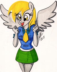 Size: 1058x1331 | Tagged: safe, artist:newyorkx3, derpy hooves, anthro, hybrid, equestria girls, clothes, eared humanization, equestria girls outfit, happy, humanized, solo, traditional art, winged humanization