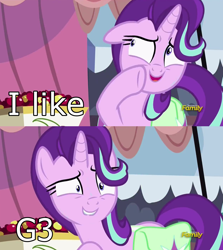 Size: 1256x1406 | Tagged: safe, edit, edited screencap, screencap, starlight glimmer, pony, unicorn, g3, rock solid friendship, bag, cherry, discovery family, discovery family logo, exploitable meme, female, food, hair flip, hair over one eye, lip bite, meme, saddle bag, solo, starlight's confessions, text, text edit, watermark