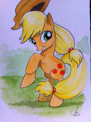 Size: 765x1024 | Tagged: safe, artist:amy mebberson, applejack, earth pony, pony, grass, traditional art, watercolor painting