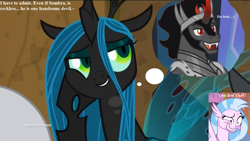 Size: 1920x1080 | Tagged: safe, edit, edited screencap, screencap, king sombra, lord tirek, queen chrysalis, silverstream, changeling, changeling queen, hippogriff, unicorn, frenemies (episode), she's all yak, the beginning of the end, armor, bedroom eyes, cape, caption, changeling horn, changeling wings, chrysombra, clothes, curved horn, cute, cutealis, dreamy, female, flirty, funny, hoof on cheek, horn, image macro, insect wings, italian, king, male, queen, shadow pony, shipping, straight, stupid sexy sombra, text, thinking, wings